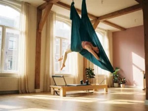 Vrouw in zijden aerial yoga hangmat boven een Pilates reformer in een luchtig Amsterdams studio met warm natuurlijk licht.