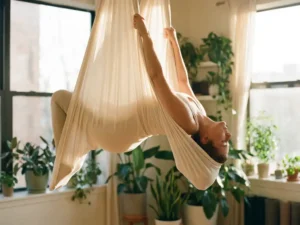 Vrouw in diepe backbend hangend in een ivoren aerial yoga hangmat, omgeven door warme zonneschijn en groene planten.