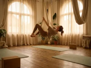 Vrouw in ondersteunde achterwaartse buiging gehangen in een ivoren aerial yoga hangmat, verlicht studio met warme houten vloer.