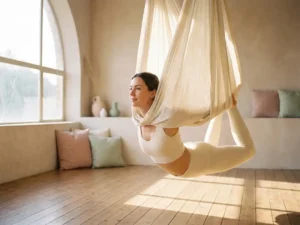 Vrouw in zachte backbend gehangen in een ivoren aerial yoga hangmat, verlicht door warm ochtendlicht in een minimalistische studio.