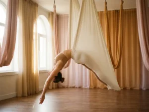 Vrouw in diepe backbend gewikkeld in ivoren aerial yoga hangmat, verlicht door warm ochtendlicht in houten studio.
