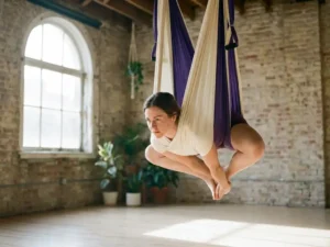 Vrouw in omgekeerde pose in een paarse aerial yoga hangmat, zwevend in een studio met natuurlijk licht en houten vloer.