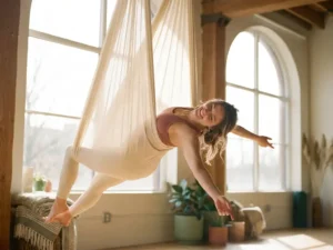Vrouw in een zachte achterwaartse buiging, zwevend in een zijden aerial yoga hangmat in een luchtig studio met warm natuurlijk licht.