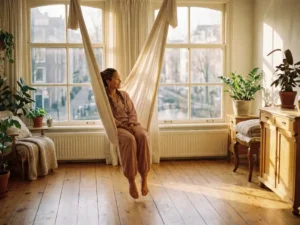 Vrouw zweeft rustig in een ivoren aerial yoga hangmat in een Amsterdams studio met warme houten vloer en goudkleurig middaglicht.