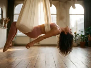 Vrouw in diepe rugbuiging hangend in een ivoren aerial yoga hangmat, warm amberkleurig licht stroomt door hoge ramen in Amsterdams studio.