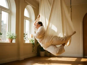 Persoon met voller lichaam zweeft in een ivoren aerial yoga hangmat, warm natuurlijk studiolicht, houten vloer op de achtergrond.