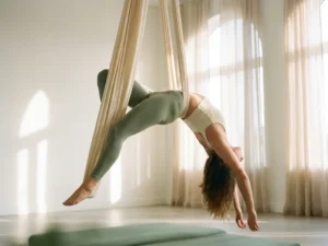 Vrouw in achteroverbuiging opgehangen in een ivoren aerial yoga hangmat, zacht natuurlijk licht vanuit hoge studiovensters.