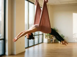 Vrouw in elegante rugbuiging opgehangen in een roze aerial yoga hangmat, verlicht door warm natuurlijk licht in een moderne yogastudio.