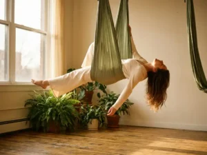 Vrouw in vloeiende boog in een zijden aerial yoga hangmat, warm natuurlijk licht, groene planten op de achtergrond.
