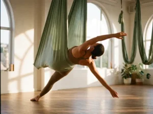 Vrouw in graceful achterwaartse boog in een salie groene aerial yoga hangmat, spieren gespannen, warm zonlicht in witte studio.