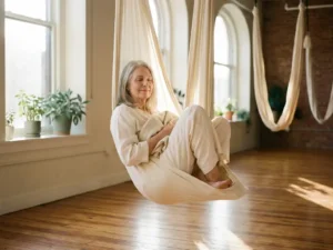 Zilverhaar vrouw hangend in ivoren aerial yoga hangmat, omhuld door zachte stof, rustige studio met houten vloer en grote ramen.