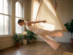 Vrouw in ondersteunde achteroverbuiging in een ivoren aerial yoga hangmat, warm zonlicht op zijdeachtige stof in lichte studio met houten vloer.