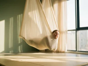 Persoon in diepe rust gehuild in een ivoren aerial yoga hangmat, omgeven door zijdezachte stof in warm gouden licht.