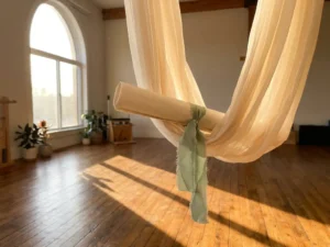 Opgerold diploma met zijden lint in een ivoren aerial yoga hangmat, warm ochtendlicht in houten studio.