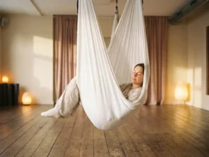 Beginner in witte aerial yoga hangmat, ingekapseld als een cocon in een warm verlicht studio met houten vloer.