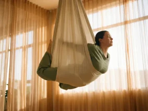 Persoon in diepe rust, volledig omhuld door een zijden aerial yoga hangmat, zwevend in warme studiolicht met gouden tinten.