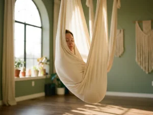 Persoon in diepe rust gewikkeld in een ivoren aerial yoga hangmat, zacht gouden licht, sereen en herstellend.