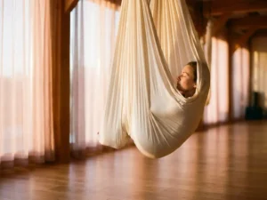 Persoon liggend in een ivoren aerial yoga hangmat, volledig ontspannen met gesloten ogen in warm verlicht yogastudio.