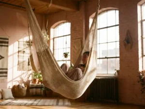 Persoon in diepe rust gewikkeld in een ivoren aerial yoga hangmat, badend in warm amberkleurig middaglicht in een serene studio.