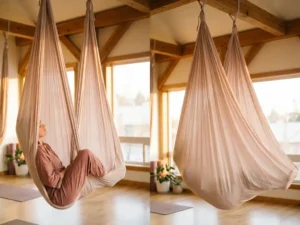Aerial yoga hangmat in blush roze stof: cocon-opstelling met persoon en open wolk-vorm, gouden middaglicht in houten studio.