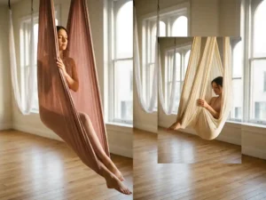 Persoon in meditatieve pose in een zijden luchthangmat, warm verlicht atelier met houten vloer en witte hangmatten op de achtergrond.