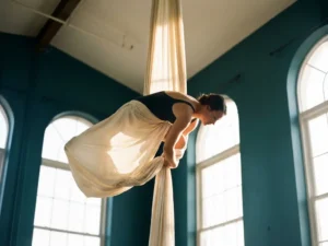 Aerialist in vloeiende ivoorkleurige zijden hangmat hoog in de lucht, warme tegenlicht en teal muren op de achtergrond.