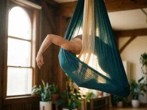 Danser in gebogen krachtspose hangend in een zijden luchthamak, zacht natuurlijk licht, warme ivoor- en dieptealtinten.