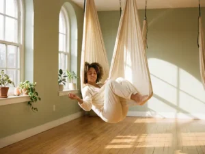 Vrouw in rustgevende hangpositie in een ivoren aerial yoga hangmat, zwevend in een zonnig studio met houten vloer.