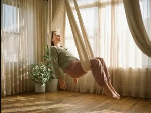 Student in herstellende positie, zachtjes gedragen door een ivoren zijden hangmat in een warmly verlicht aerial yoga-studio.